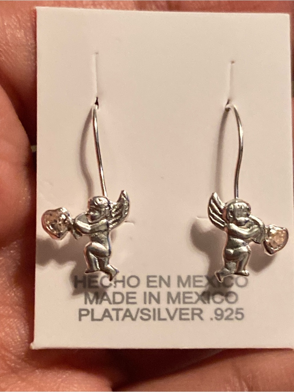 Sterling Silver 925 Cupid Drop Earrings with Pink Heart Accent